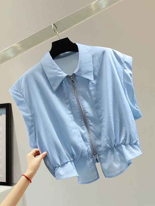 Small irregular sleeveless shirt 2025 summer Korean version slim high waist short double zipper solid color shirt trend