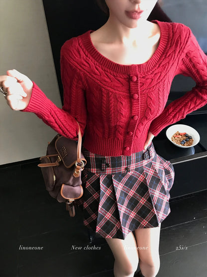 LINONEONE Relaxed Diary: Round Neck Off-Shoulder 3D Cable Knit Long-Sleeve Sweater - Christmas & New Year