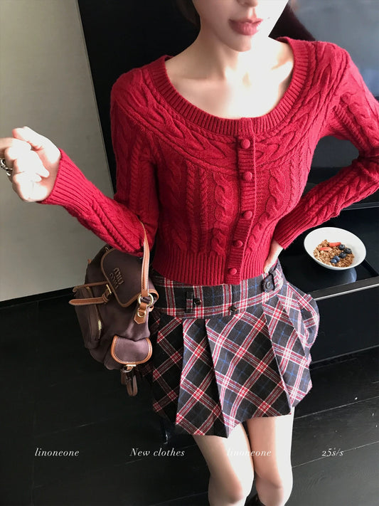 LINONEONE Relaxed Diary: Round Neck Off-Shoulder 3D Cable Knit Long-Sleeve Sweater - Christmas & New Year