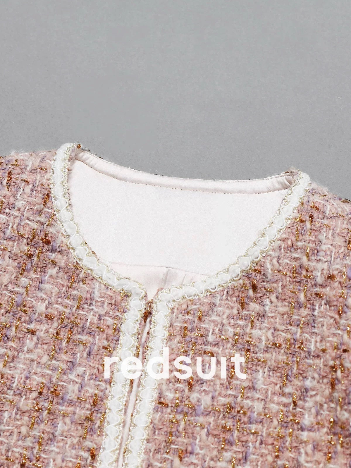 redsuit celebrity daughter style gold thread texture tweed round neck small Chanel style short jacket exquisite versatile top