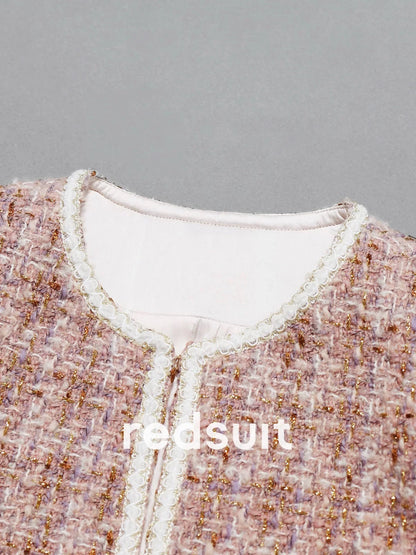 redsuit celebrity daughter style gold thread texture tweed round neck small Chanel style short jacket exquisite versatile top