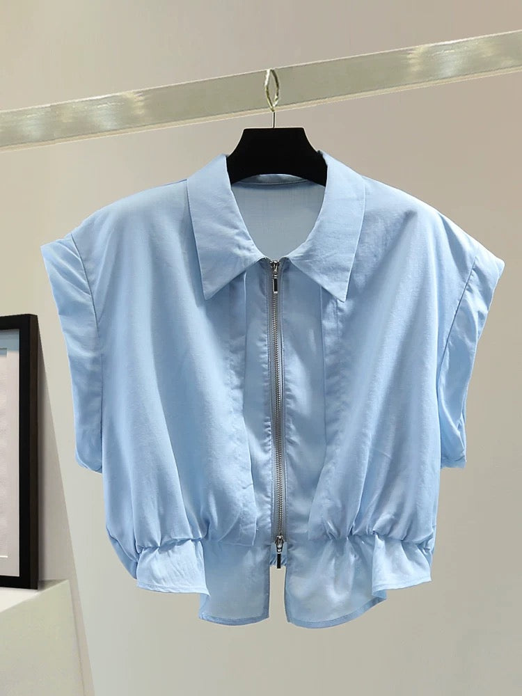 Small irregular sleeveless shirt 2025 summer Korean version slim high waist short double zipper solid color shirt trend