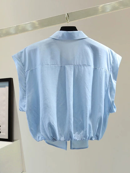 Small irregular sleeveless shirt 2025 summer Korean version slim high waist short double zipper solid color shirt trend