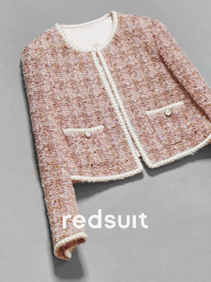 redsuit celebrity daughter style gold thread texture tweed round neck small Chanel style short jacket exquisite versatile top