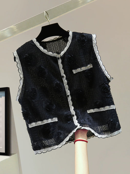 Lace contrast color round neck sleeveless vest vest summer Korean style high waist short heavy embroidery straight shirt