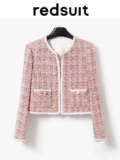 redsuit celebrity daughter style gold thread texture tweed round neck small Chanel style short jacket exquisite versatile top
