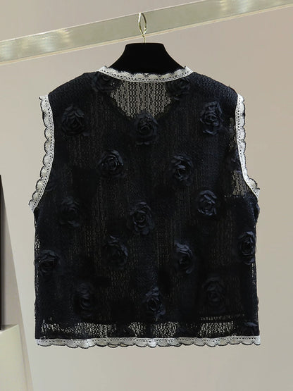Lace contrast color round neck sleeveless vest vest summer Korean style high waist short heavy embroidery straight shirt