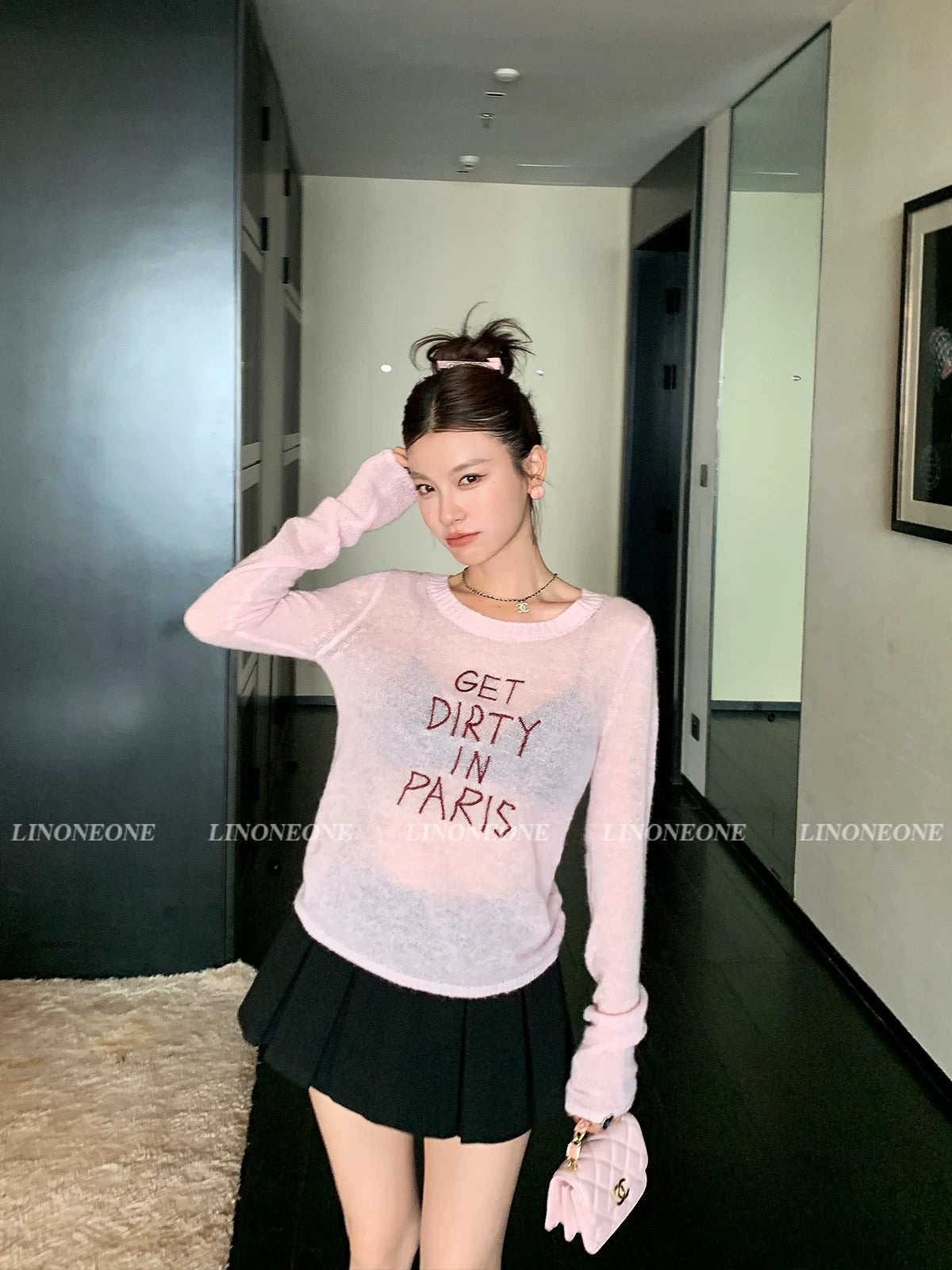 LINONEONE Korean Style Casual Dopamine Letter Embroidery Sheer Hollow-Out Knitwear Sun Protection Shirt
