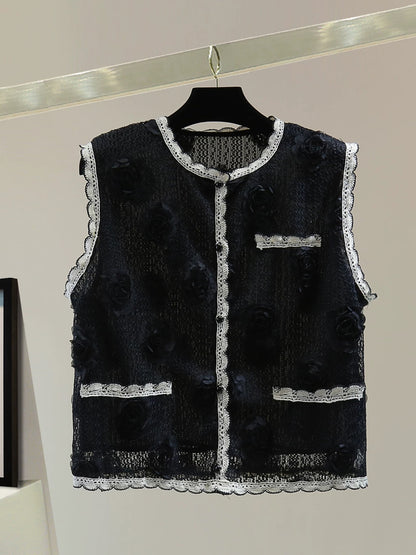 Lace contrast color round neck sleeveless vest vest summer Korean style high waist short heavy embroidery straight shirt