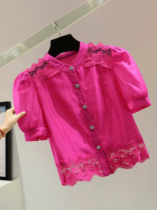 Small lace splicing short-sleeved shirt 2025 summer high waist short hollow embroidery puff sleeve chiffon shirt trend