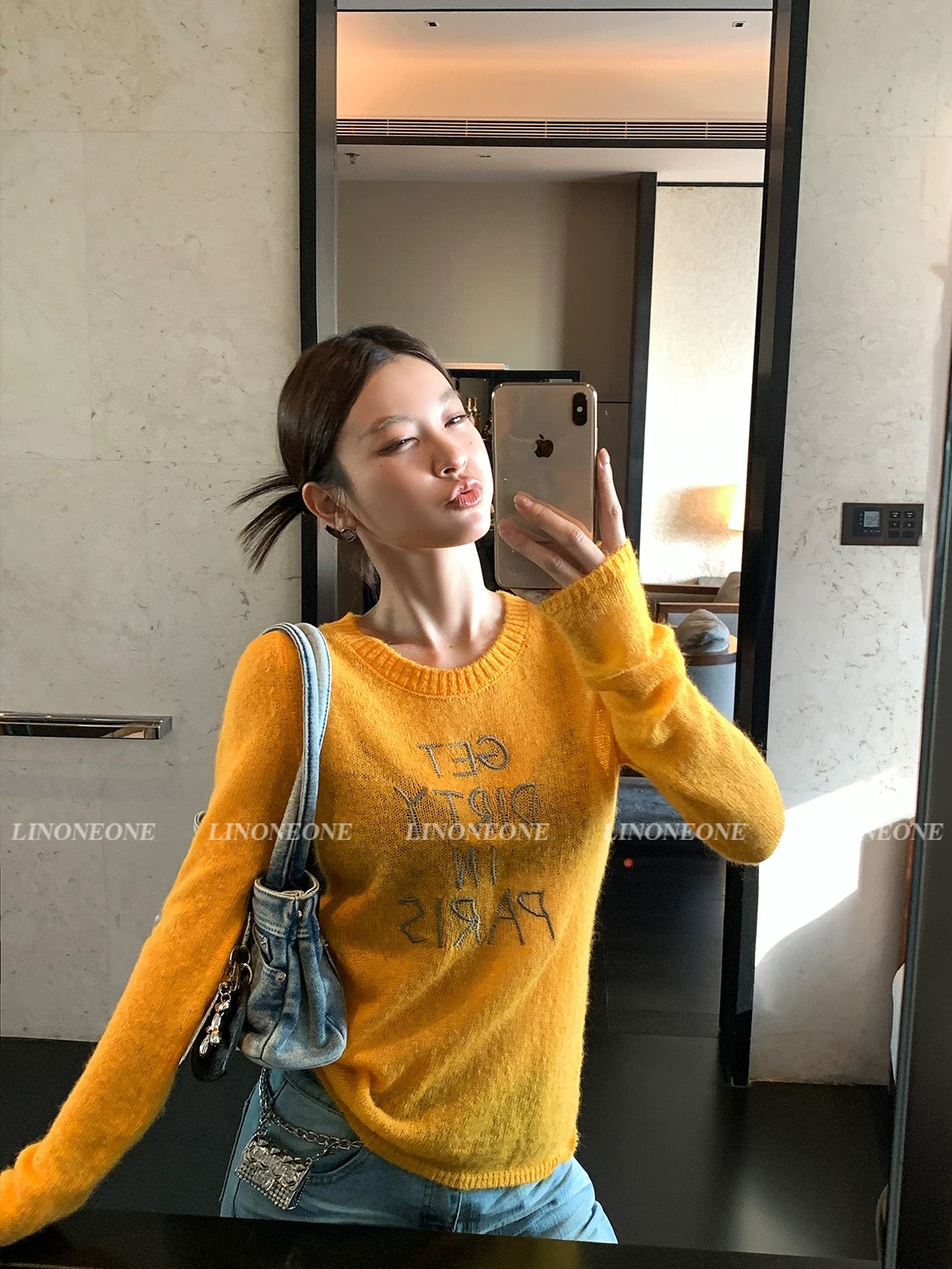 LINONEONE Korean Style Casual Dopamine Letter Embroidery Sheer Hollow-Out Knitwear Sun Protection Shirt