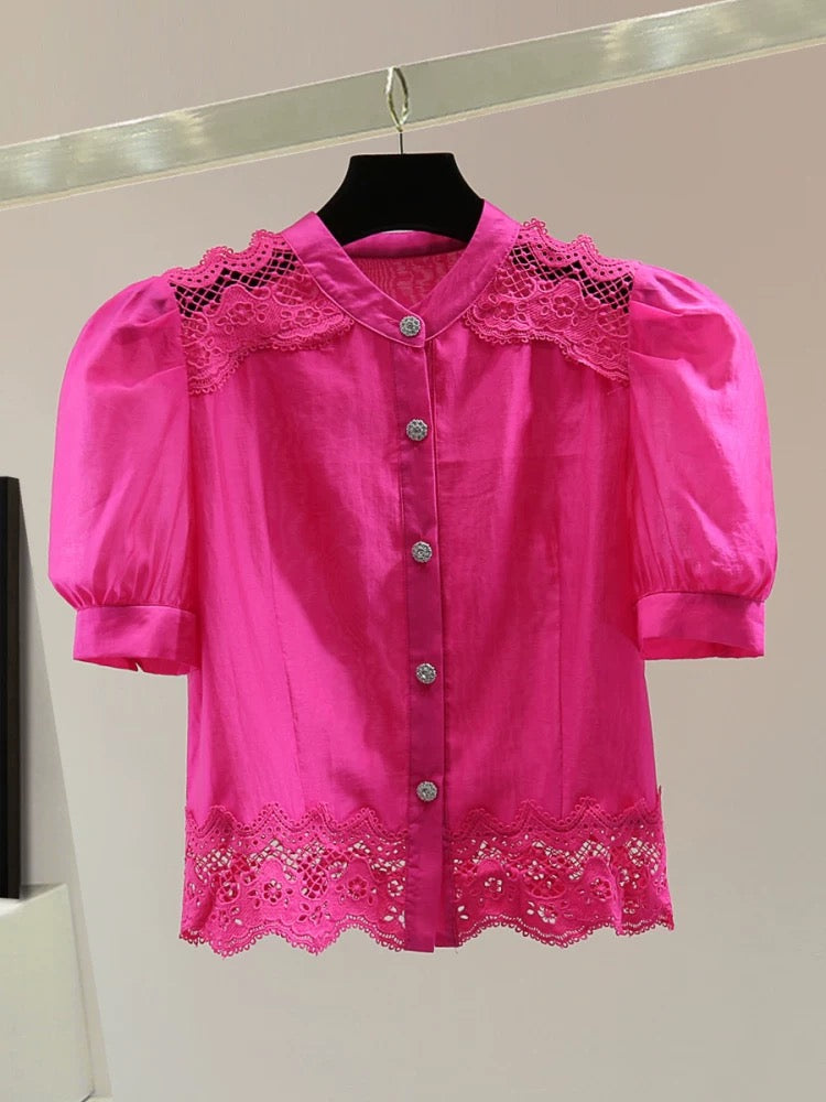 Small lace splicing short-sleeved shirt 2025 summer high waist short hollow embroidery puff sleeve chiffon shirt trend