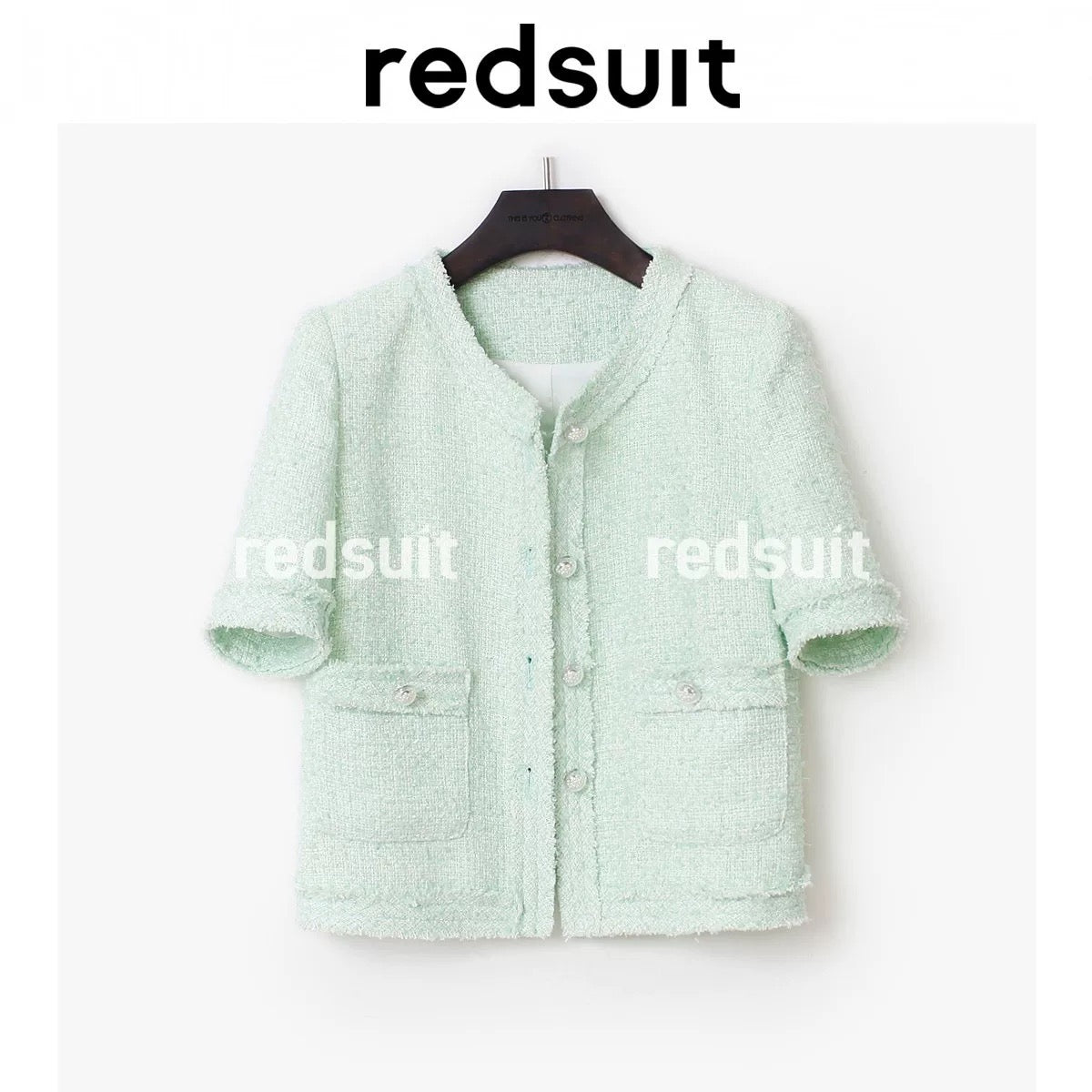 Redsuit Fresh Milk Green! Slimming lady Chanel style short-sleeved thin jacket tweed temperament top summer