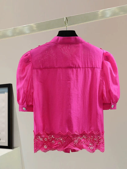 Small lace splicing short-sleeved shirt 2025 summer high waist short hollow embroidery puff sleeve chiffon shirt trend