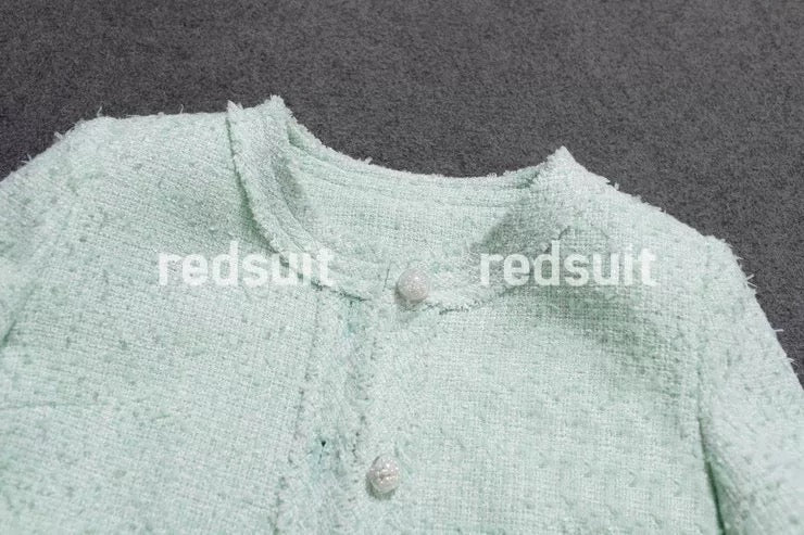 Redsuit Fresh Milk Green! Slimming lady Chanel style short-sleeved thin jacket tweed temperament top summer