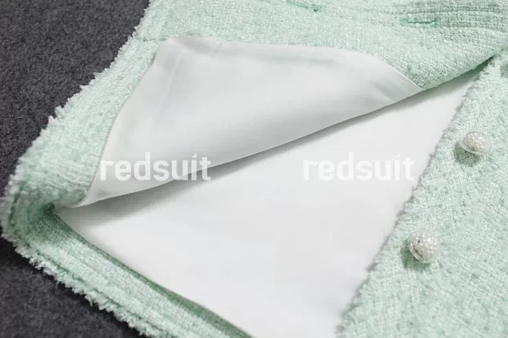 Redsuit Fresh Milk Green! Slimming lady Chanel style short-sleeved thin jacket tweed temperament top summer