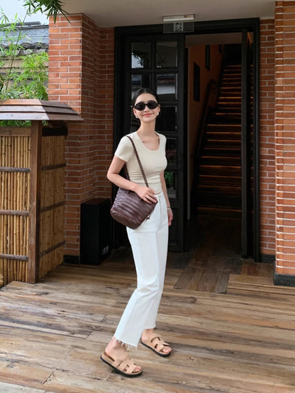 pusumede white straight jeans for women summer 2024 high waist slim raw edges loose casual nine-point cigarette pants