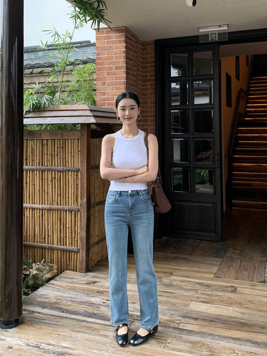 pusumede blue loose straight jeans for women summer American retro high waist slim versatile casual trousers