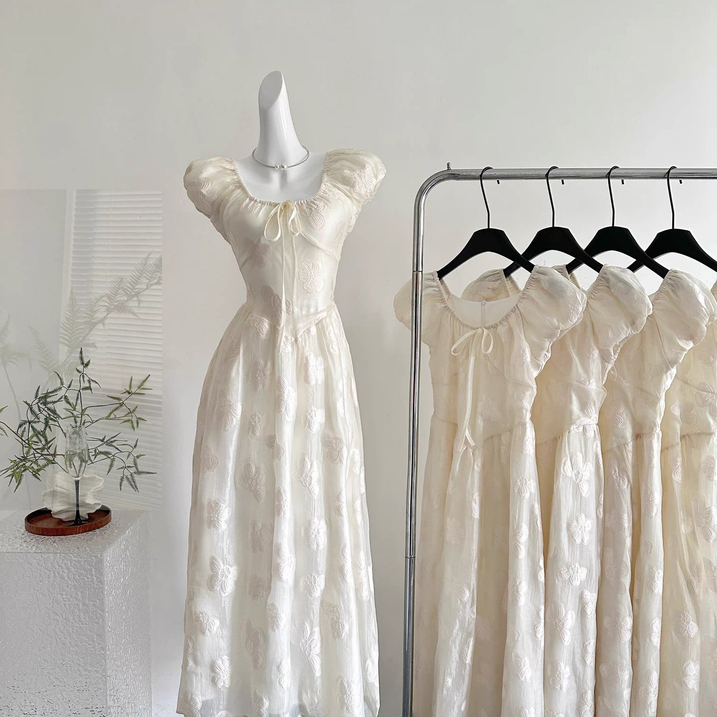 Youni's Homemade Lilac and Jasmine Jacquard French Puff Sleeve Waist-Defining A-line Dress