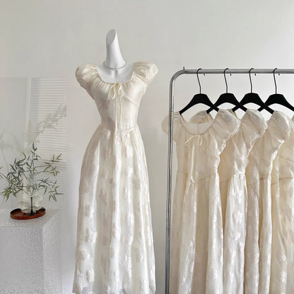 Youni's Homemade Lilac and Jasmine Jacquard French Puff Sleeve Waist-Defining A-line Dress