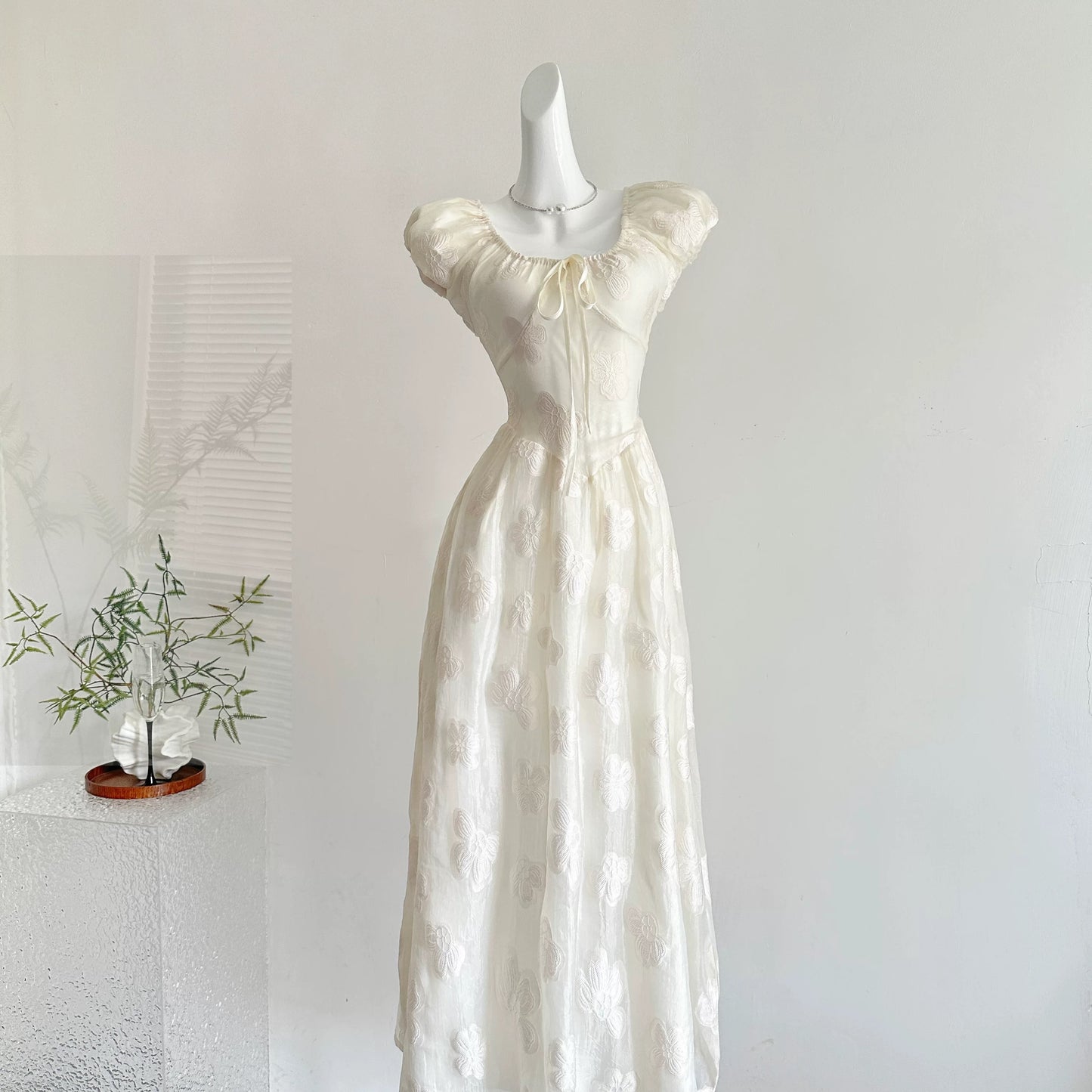 Youni's Homemade Lilac and Jasmine Jacquard French Puff Sleeve Waist-Defining A-line Dress