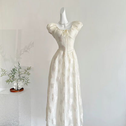 Youni's Homemade Lilac and Jasmine Jacquard French Puff Sleeve Waist-Defining A-line Dress