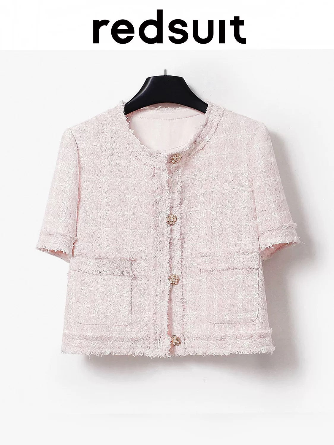 redsuit Korean style gentle temperament mist rose pink light tweed small Chanel style short-sleeved tassel jacket