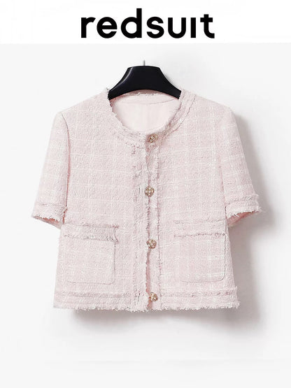redsuit Korean style gentle temperament mist rose pink light tweed small Chanel style short-sleeved tassel jacket