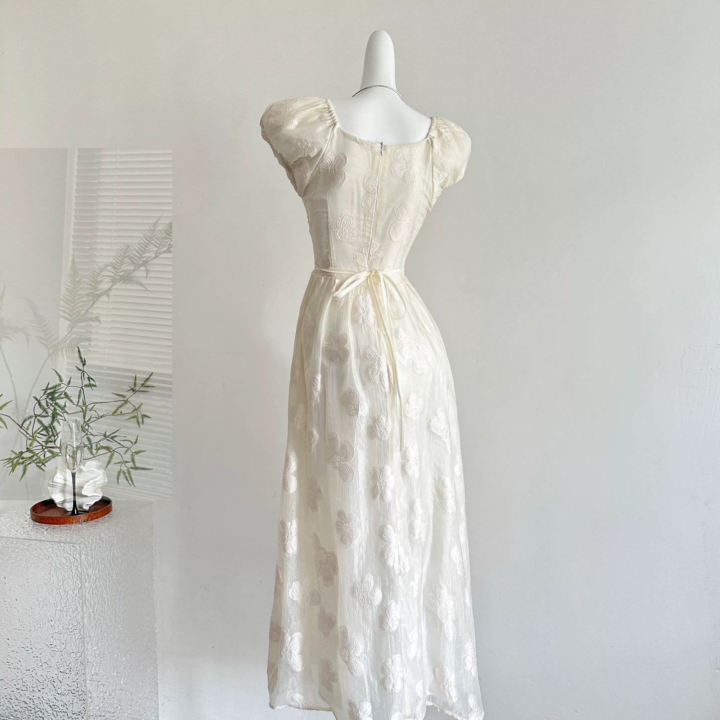 Youni's Homemade Lilac and Jasmine Jacquard French Puff Sleeve Waist-Defining A-line Dress