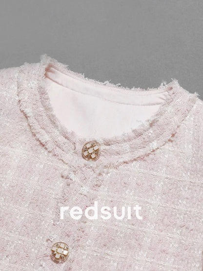 redsuit Korean style gentle temperament mist rose pink light tweed small Chanel style short-sleeved tassel jacket
