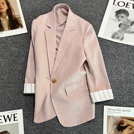 Light pink cuff striped suit jacket for women 2024 summer thin new casual one button niche suit