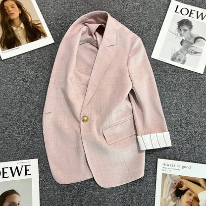 Light pink cuff striped suit jacket for women 2024 summer thin new casual one button niche suit