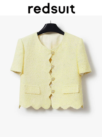 redsuit French style beautiful yellow wave lace light tweed Chanel style jacket fashionable all-match round neck top