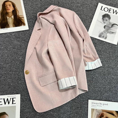 Light pink cuff striped suit jacket for women 2024 summer thin new casual one button niche suit