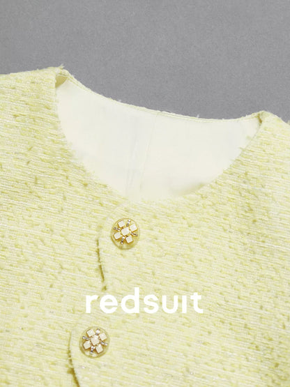 redsuit French style beautiful yellow wave lace light tweed Chanel style jacket fashionable all-match round neck top