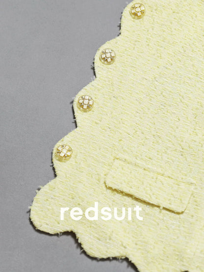 redsuit French style beautiful yellow wave lace light tweed Chanel style jacket fashionable all-match round neck top