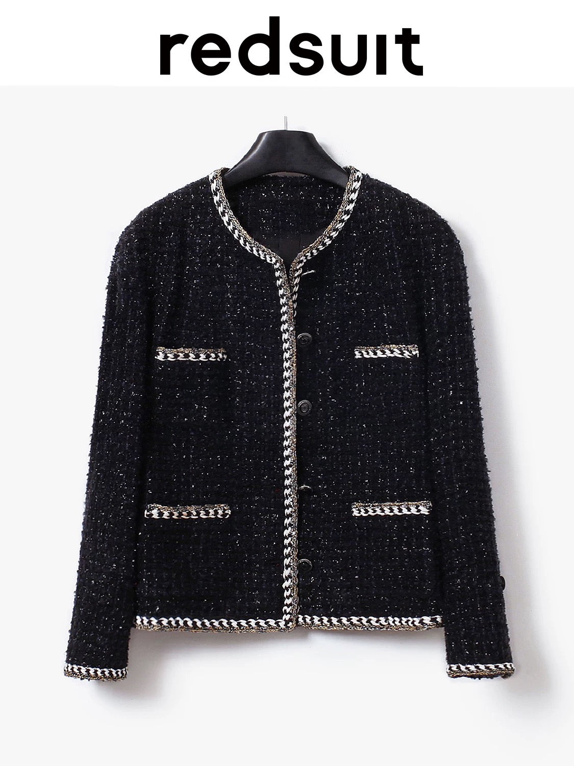 redsuit French light luxury embellished carbon crystal black tweed Chanel style jacket with exquisite design top