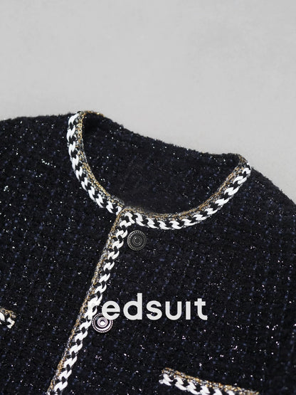 redsuit French light luxury embellished carbon crystal black tweed Chanel style jacket with exquisite design top