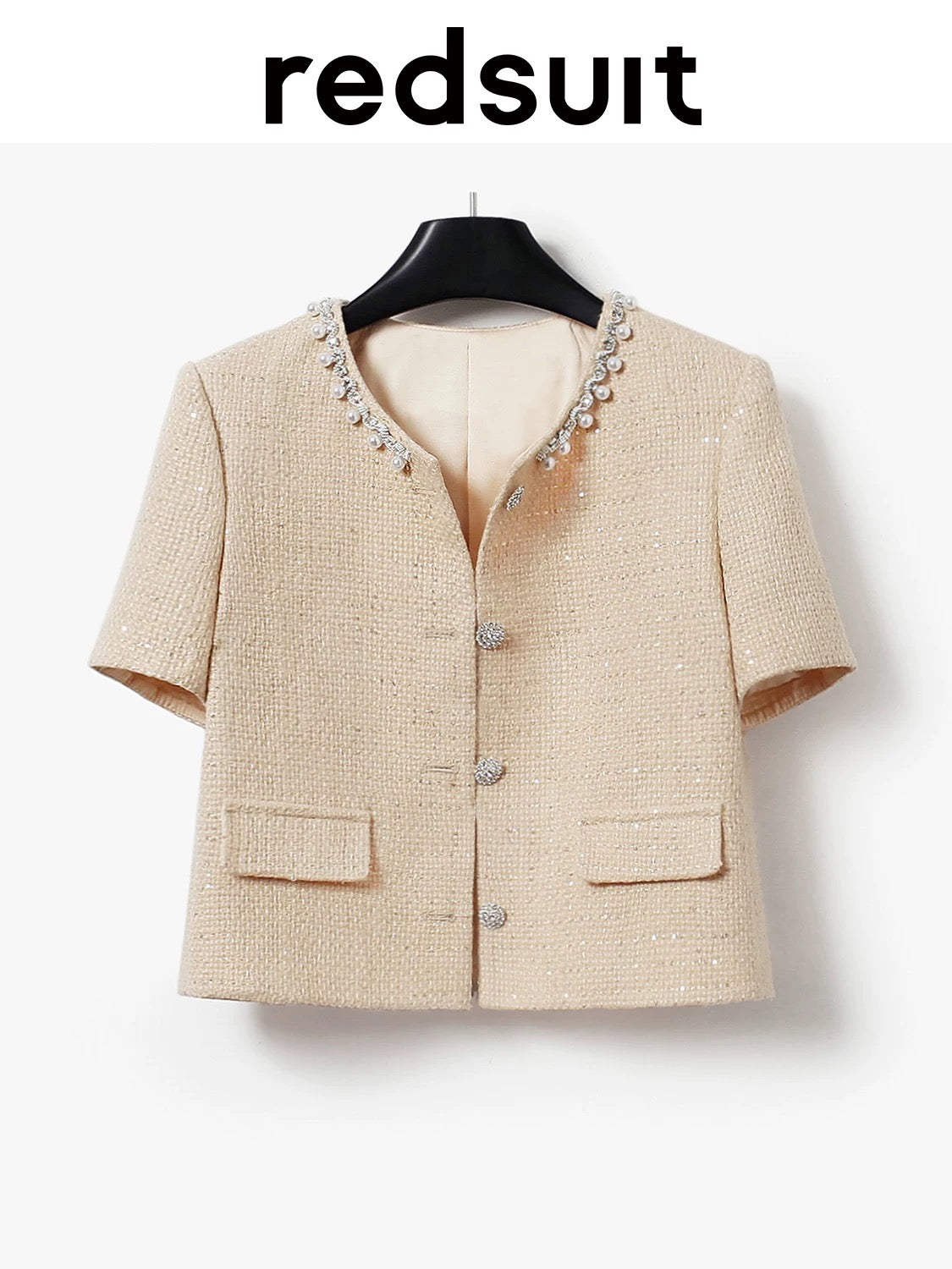 redsuit French heavy beaded edge milk apricot Chanel style short-sleeved jacket fashionable versatile top