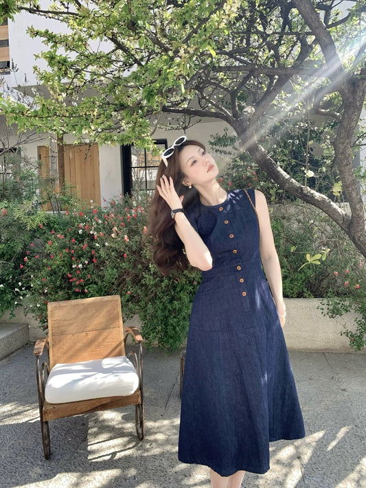 Syeee Emilia denim sleeveless dress for women summer new retro commuting slim A-line mid-length skirt