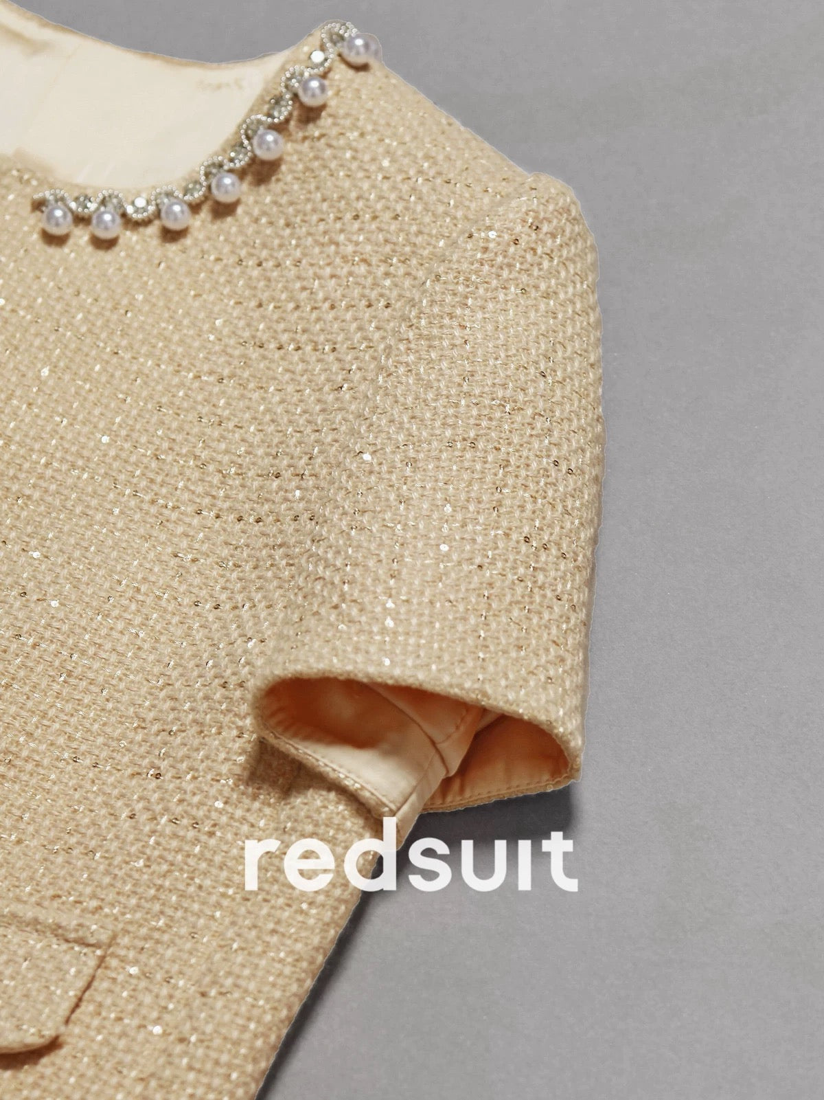 redsuit French heavy beaded edge milk apricot Chanel style short-sleeved jacket fashionable versatile top