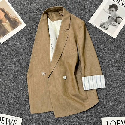 Brown striped sleeve thin suit jacket for women 2024 summer new design all-match trendy street style small suit