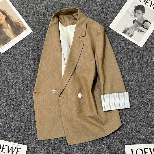 Brown striped sleeve thin suit jacket for women 2024 summer new design all-match trendy street style small suit