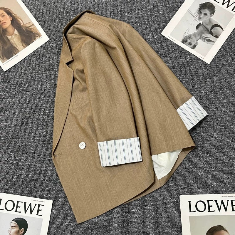 Brown striped sleeve thin suit jacket for women 2024 summer new design all-match trendy street style small suit
