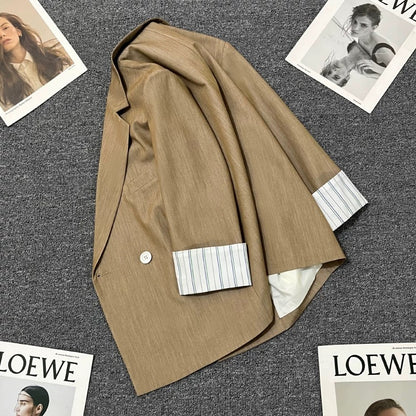 Brown striped sleeve thin suit jacket for women 2024 summer new design all-match trendy street style small suit