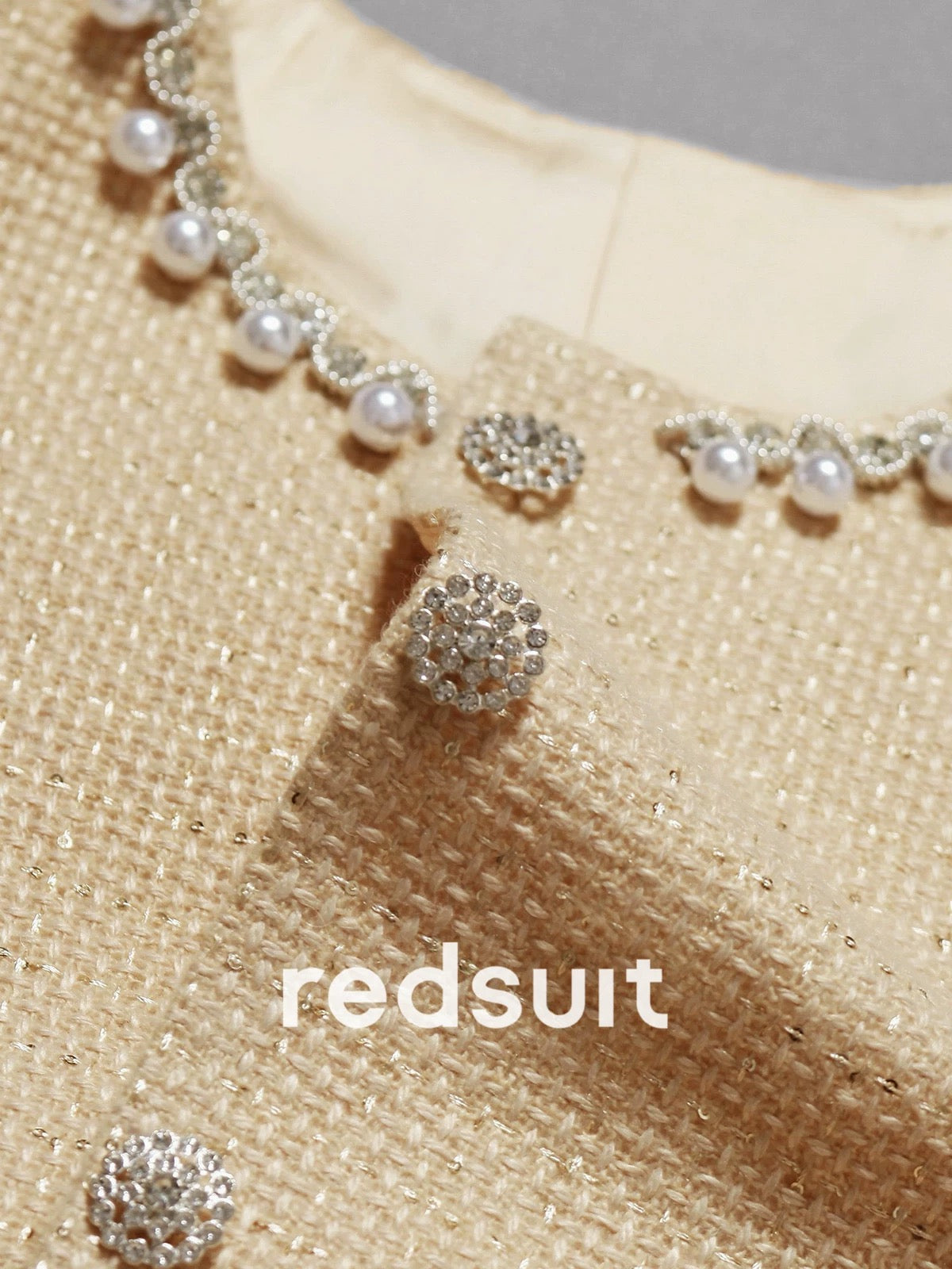 redsuit French heavy beaded edge milk apricot Chanel style short-sleeved jacket fashionable versatile top