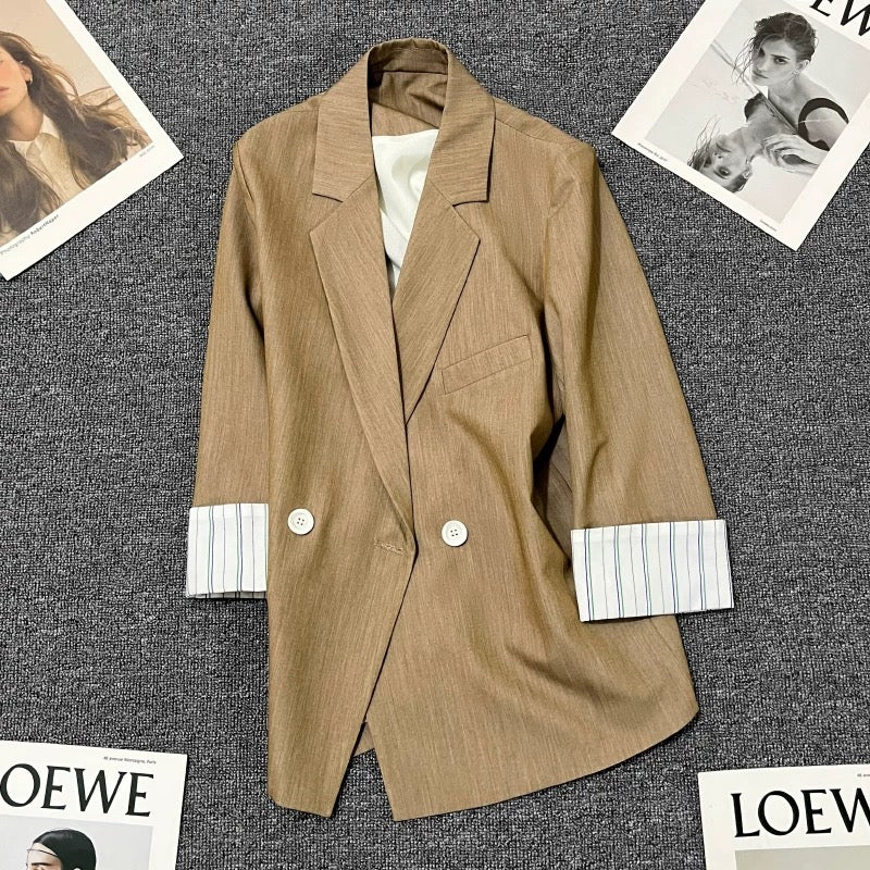 Brown striped sleeve thin suit jacket for women 2024 summer new design all-match trendy street style small suit