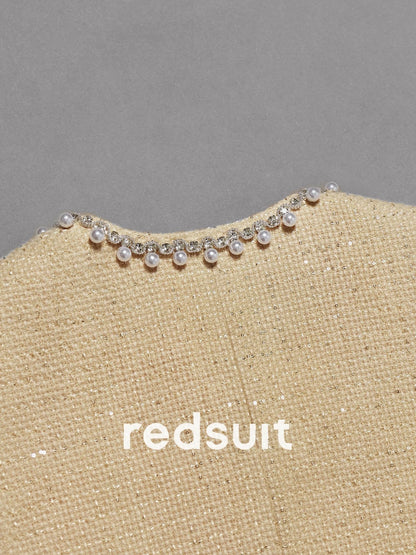 redsuit French heavy beaded edge milk apricot Chanel style short-sleeved jacket fashionable versatile top