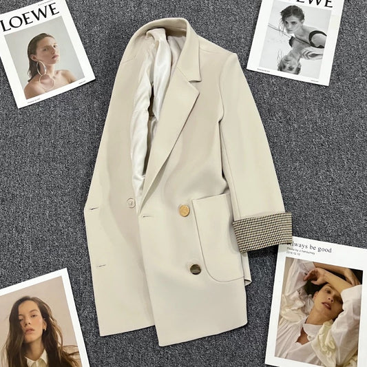 Beige metal button suit jacket for women 2025 spring and autumn new style high-end cuffs splicing street suit trend