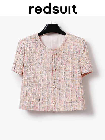 redsuit summer fashion temperament fantasy colorful woven small Chanel style jacket versatile age-reducing round neck short-sleeved top